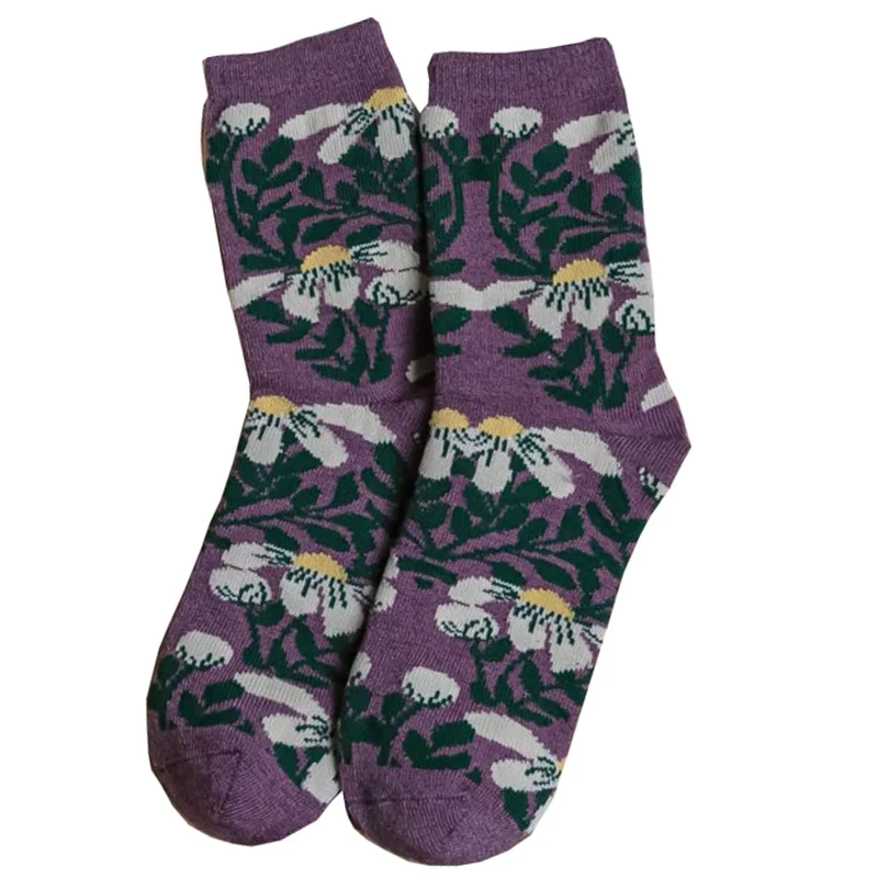 5 Pair Cashmere Purple Flowers Print Women Socks Street Style Cute Long Winter Wool Socks Fashion Comfortable Skateboard Cycling
