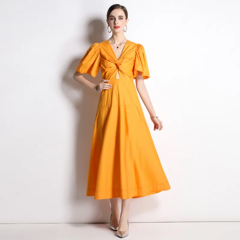 

2022 Summer Fashion Casual Women Cross V-Neck Puff Sleeve High Waist Solid Runway Dress