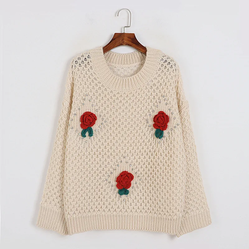 

Rose Crochet Hollow Out Sweater Women Mohair Oversized Sweater 2022 Autumn Lazy Oaf Tops Knitted Runway Long Sleeve Top Jumper