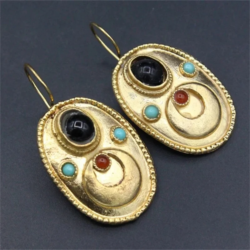 

KYTRD Ethnic Gold Color Oval Inlaid Red Blue Black Stone Earrings Vintage Metal Die Cast Pattern Hook Dangle Earrings
