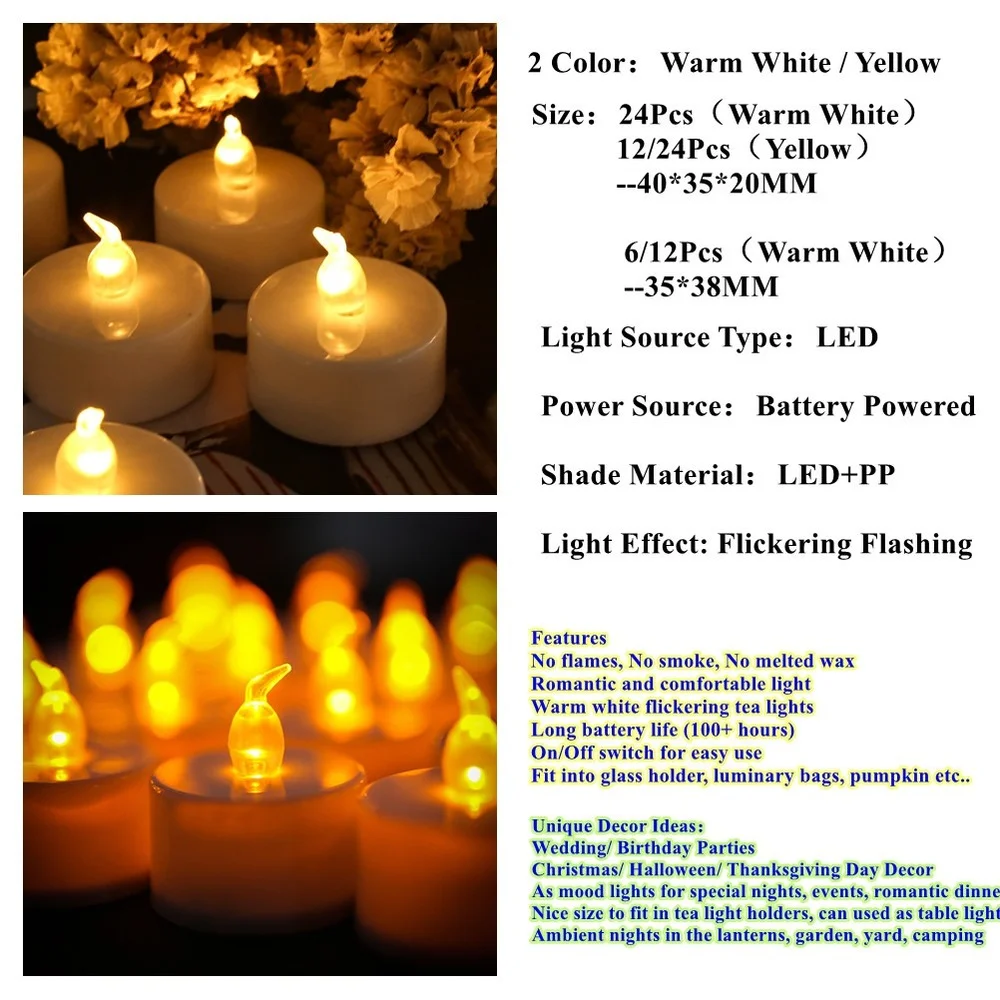 Светодиодные безопасные чайные свечи с эффектом мерцания (6/24 шт.) на батарейках с дистанционным управлением. Длительный срок службы. Скидка 40%.