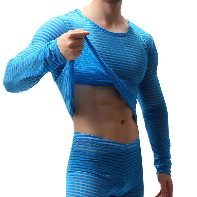Sexy Mens Undershirts Long Sleeve T-Shirts Transparent Mesh Sleepwear See Through Nightwear Striped Tops Tees Sexy Underwear Tee