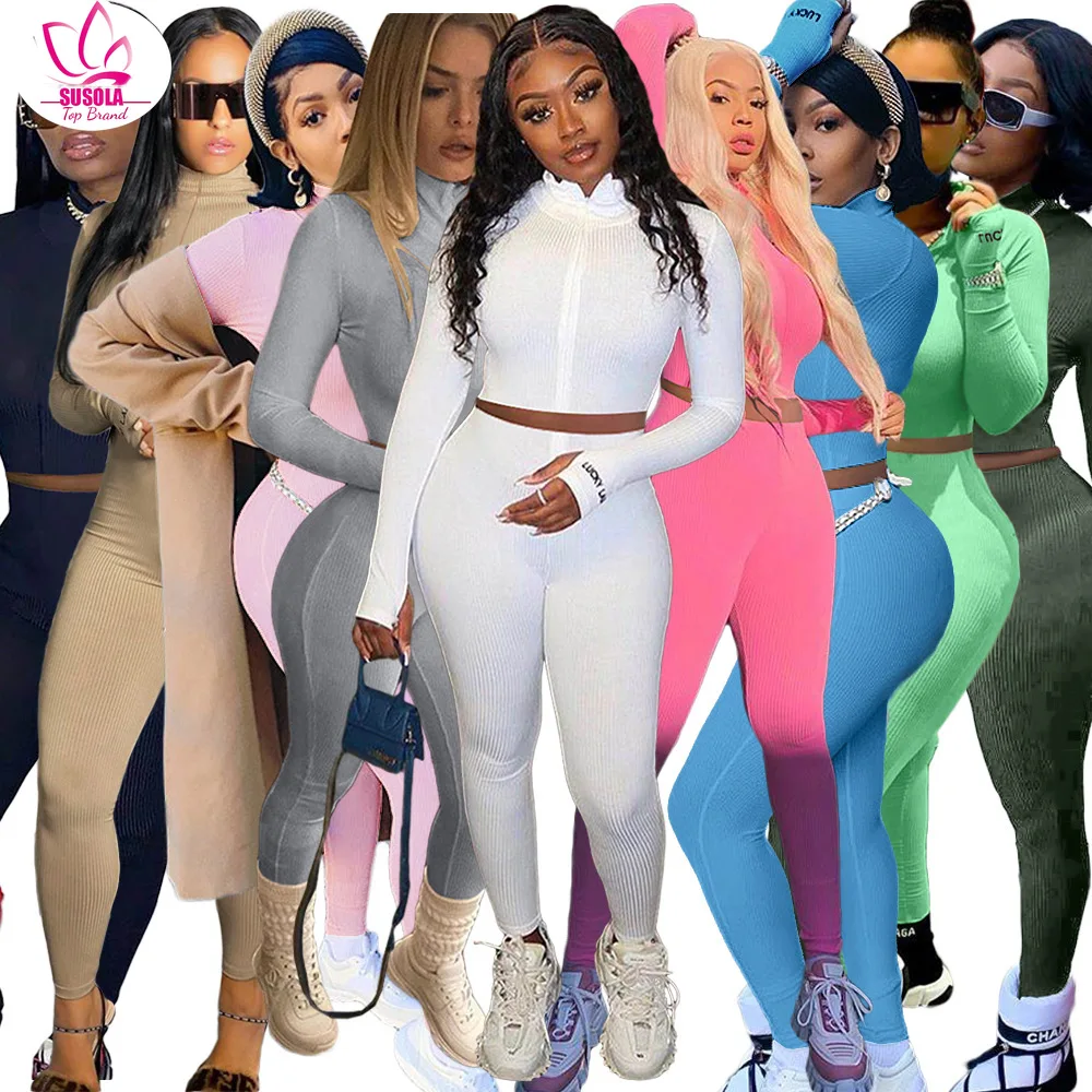 

SUSOLA Lucky Label 2 Two Piece Set Women Outfits Activewear Fitness Elastic Crop Top Legging Women Matching Set Tracksuit Female