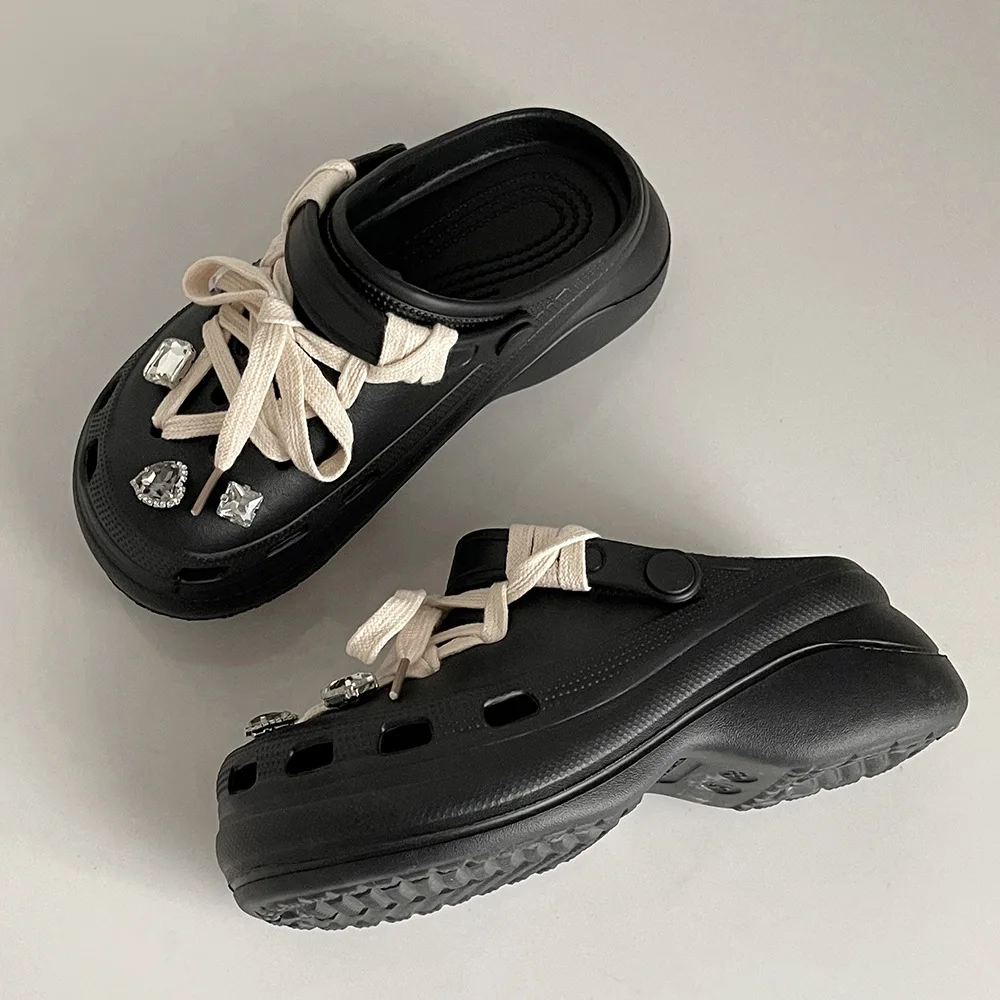 Women Summer Slippers DIY Lace-up Clogs For Female Thick Sole Ladies Fashion Slides Girls Beach Shoes Street Wedges Sandals