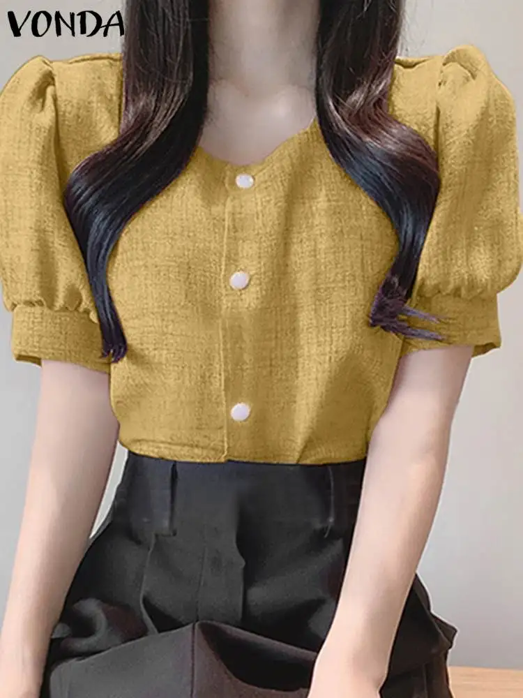 

2023 VONDA Elegant Short Puff Sleeve Blouses Women Shirts Summer Casual Button Down Tunic Tops Solid Color Party Blusas Femme