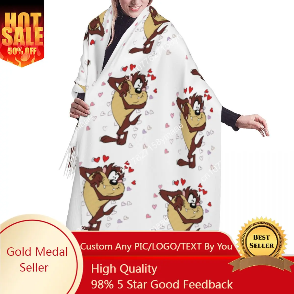

Custom Israel Funny Tasmanians Cartoon Versatile Tassel Scarf Women Soft Taz Devil Female Shawls Wraps Lady Winter Fall Scarves