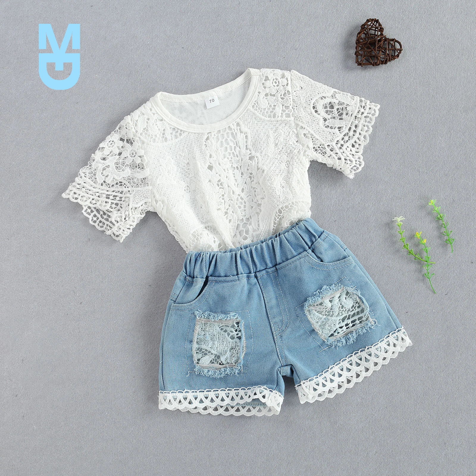 

New 2Pcs Fashionable Baby Girls Outfit, Summer Breathable Round Collar Short Sleeve Hollow Lace Romper + Ripped Denim Shorts Set