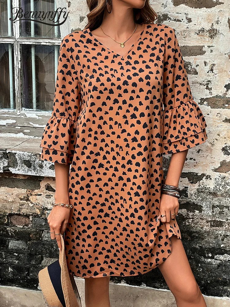 

Мини-платье Benuynffy с V-образным вырезом и принтом сердечек, летнее модное милое повседневное женское свободное платье, новинка 2023, 3/4