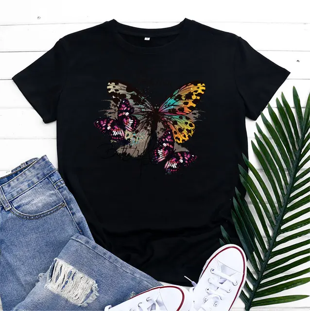 JFUNCY 2023 Fashion Women's T-shirts Cotton Tshirt with Short Sleeve Tops Butterfly Printed Graphic T Shirts Female Clothing 5
