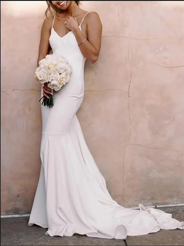 

Женское платье с юбкой годе, длинное Плиссированное Платье из крепа с V-образным вырезом, на тонких бретельках, с открытой спиной и шлейфом, свадебное платье для женщин