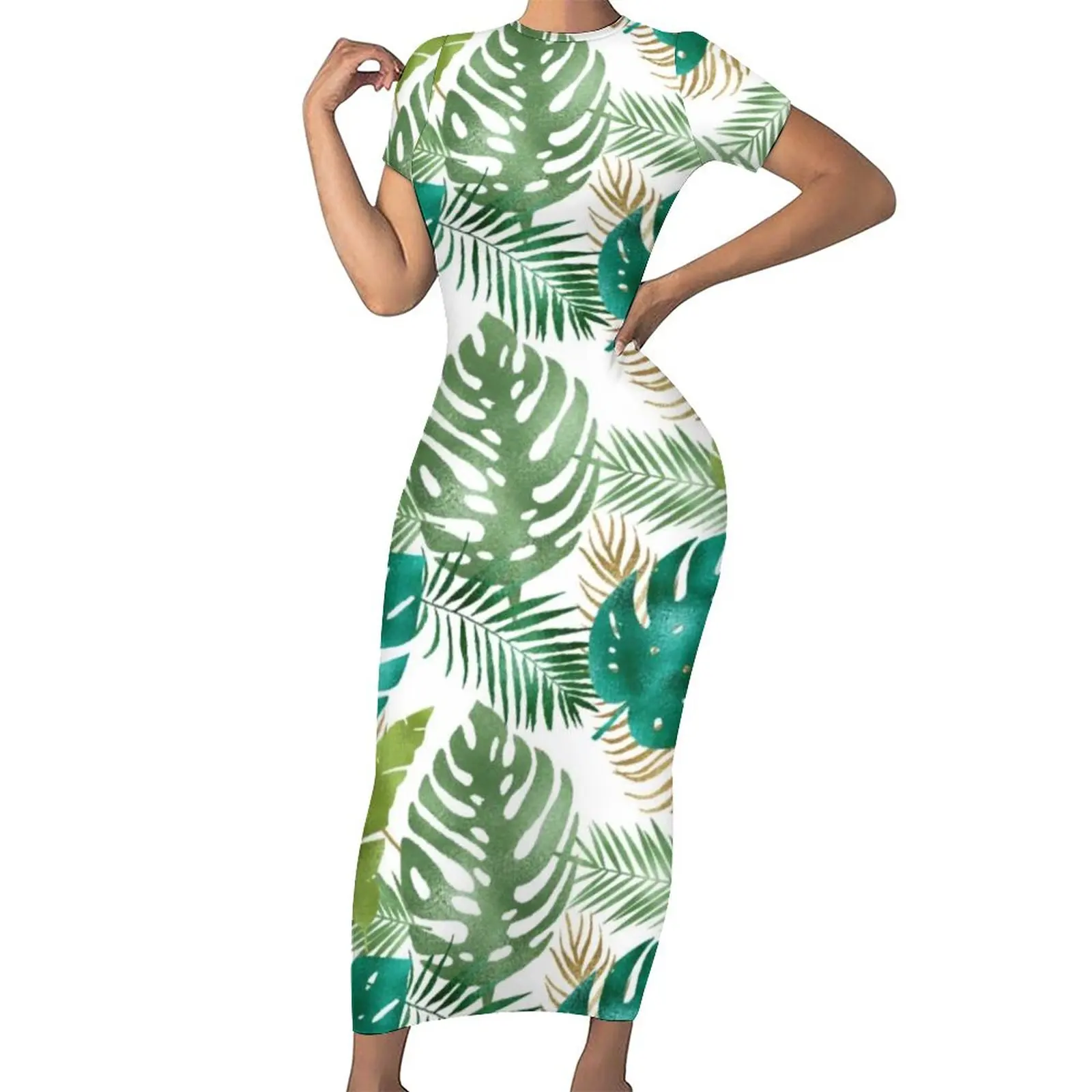

Женское платье-макси с коротким рукавом, облегающее платье цвета металлик для отпуска с зелеными пальмовыми листьями
