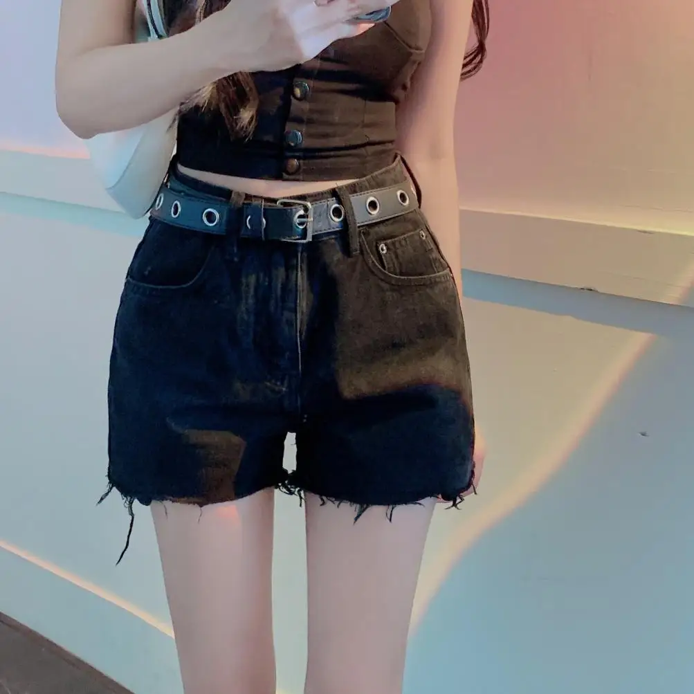 

Chinese summer new style personality black short hair edge wide leg show thin jeans A-line pants with belt