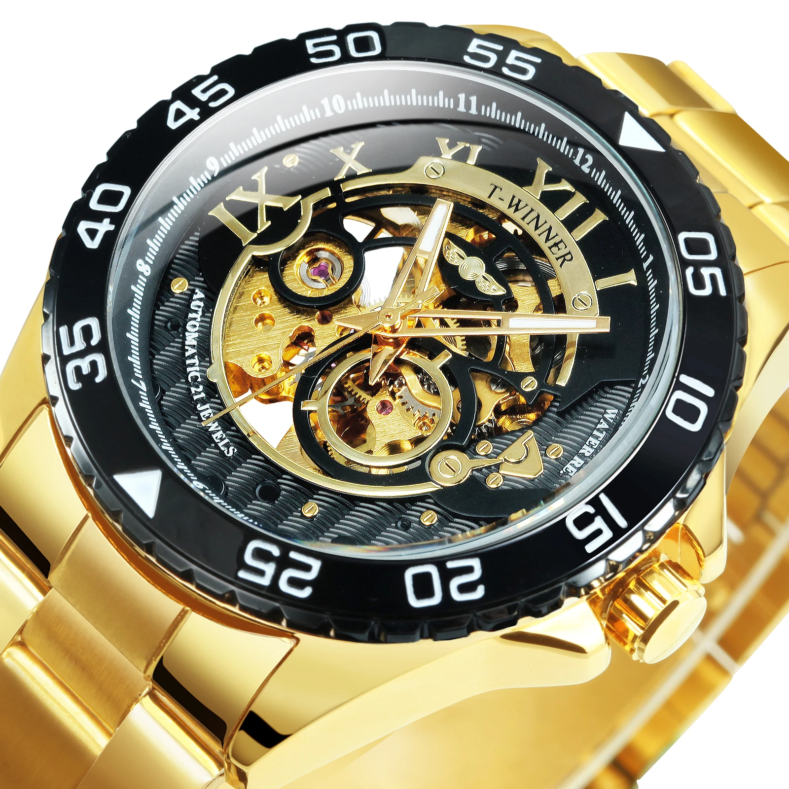 

WINNER Vintage Skeleton Automatic Mechanical Watch for Men Luminous Gold Luxury Watches Stainless Steel Strap relogio masculino