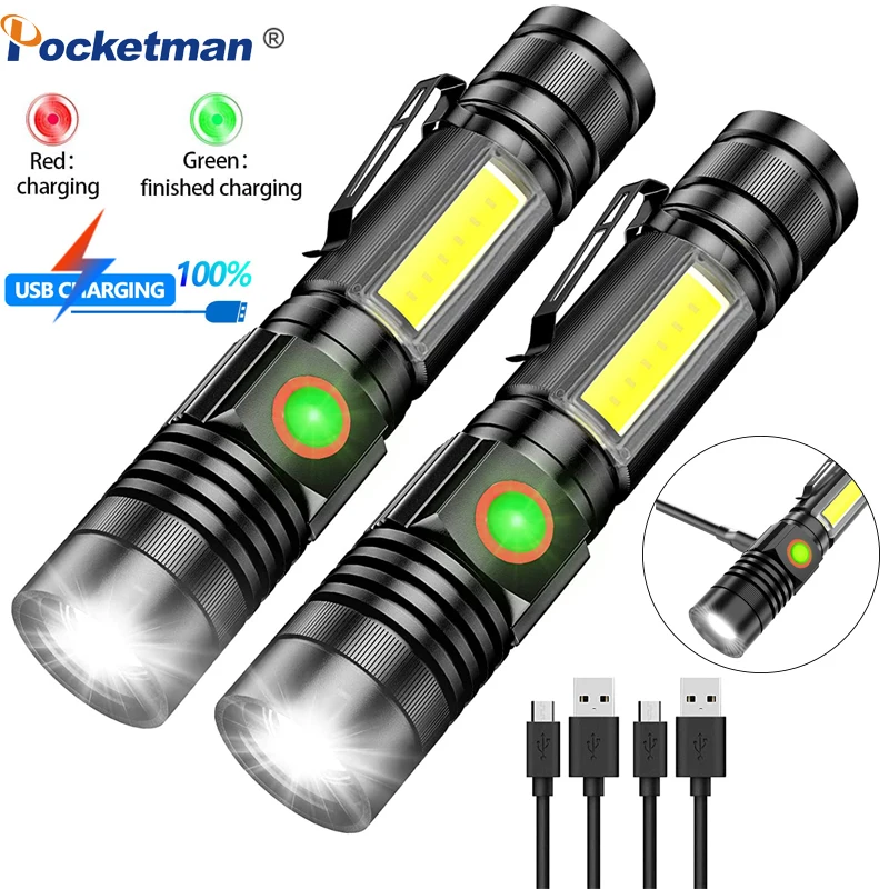 

Super bright Flashlight USB Rechargeable High Lumens Magnetic LED Torch with COB Sidelight a pocket clip Zoomable for Camping