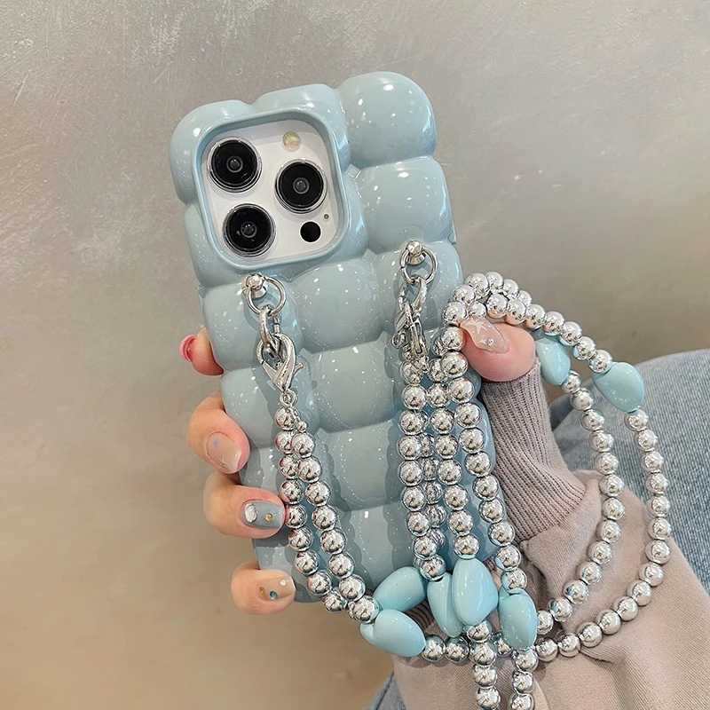 

Luxury Crossbody Chain Lanyard Phone Case For iPhone 14 13 11 12 Pro Max Egg Puffs 3D Lattice Folds Shockproof Cover Funda