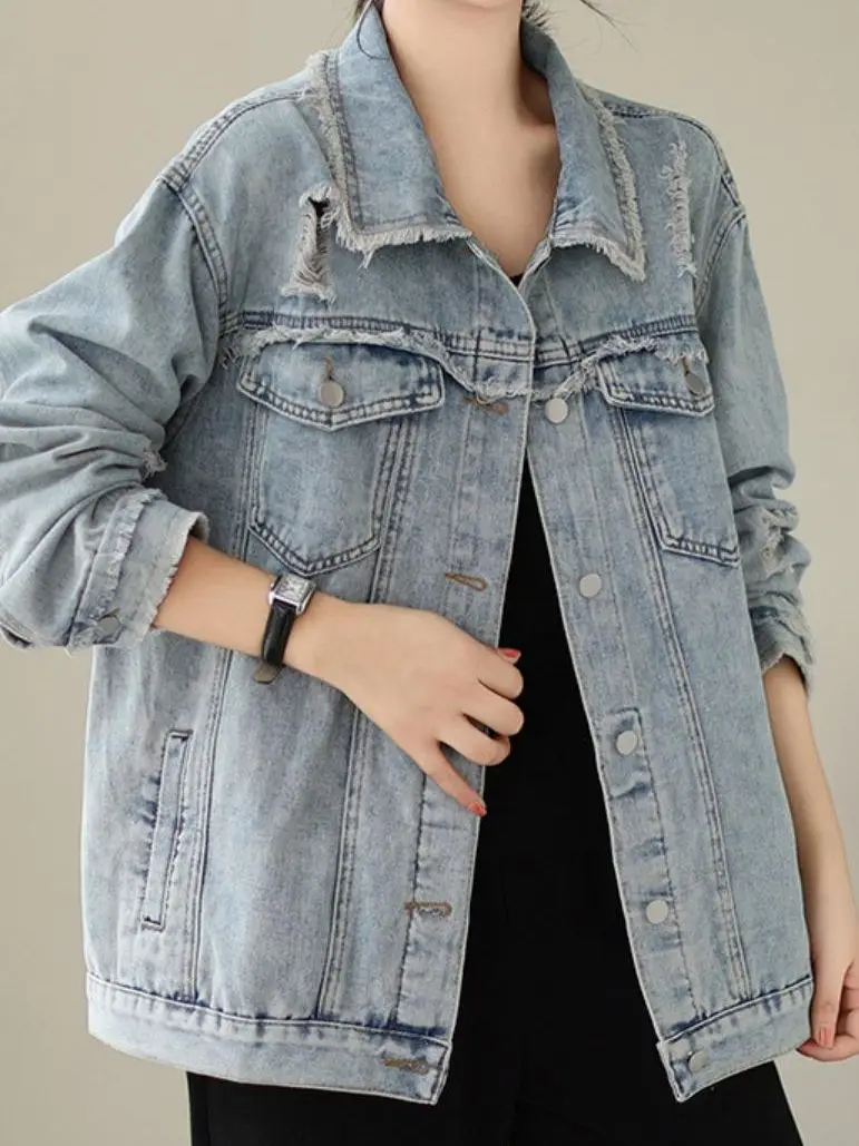 

Vintage Raw Edge Streetwear Denim Jacket Women Autumn Loose Washed Long Sleeved Worn-out Wide-waisted Single Breasted Top Trend