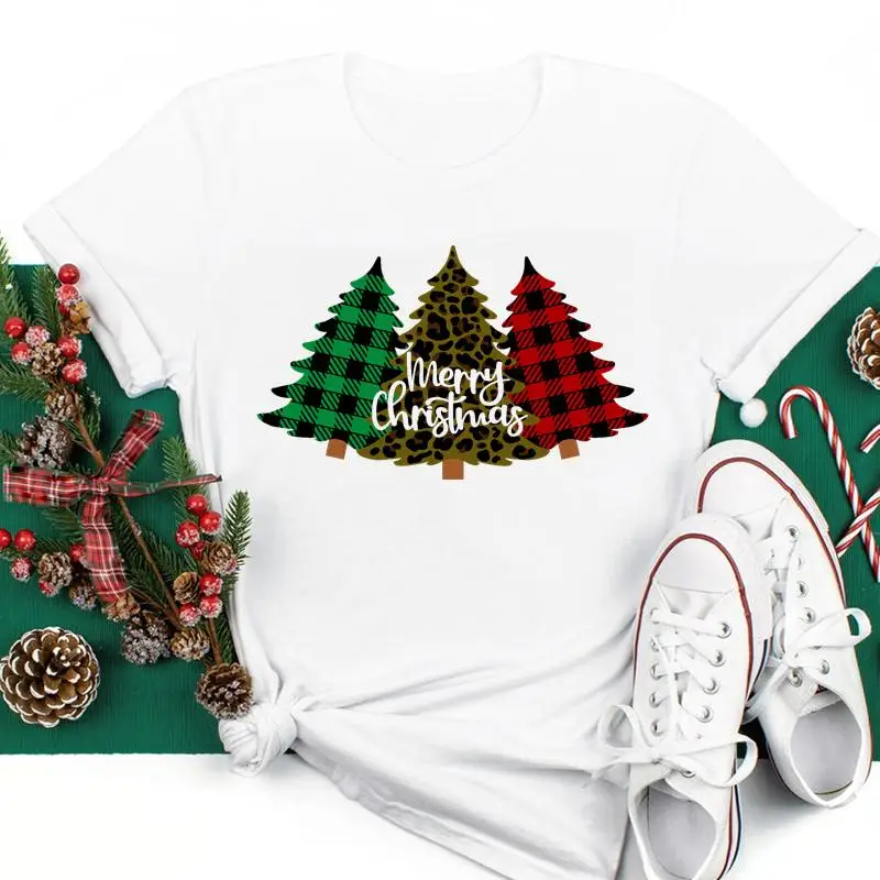 

Рождественская клетчатая елка зима 2022, трендовые женские новогодние праздничные Графические футболки для отпуска, женский топ, футболка, м...