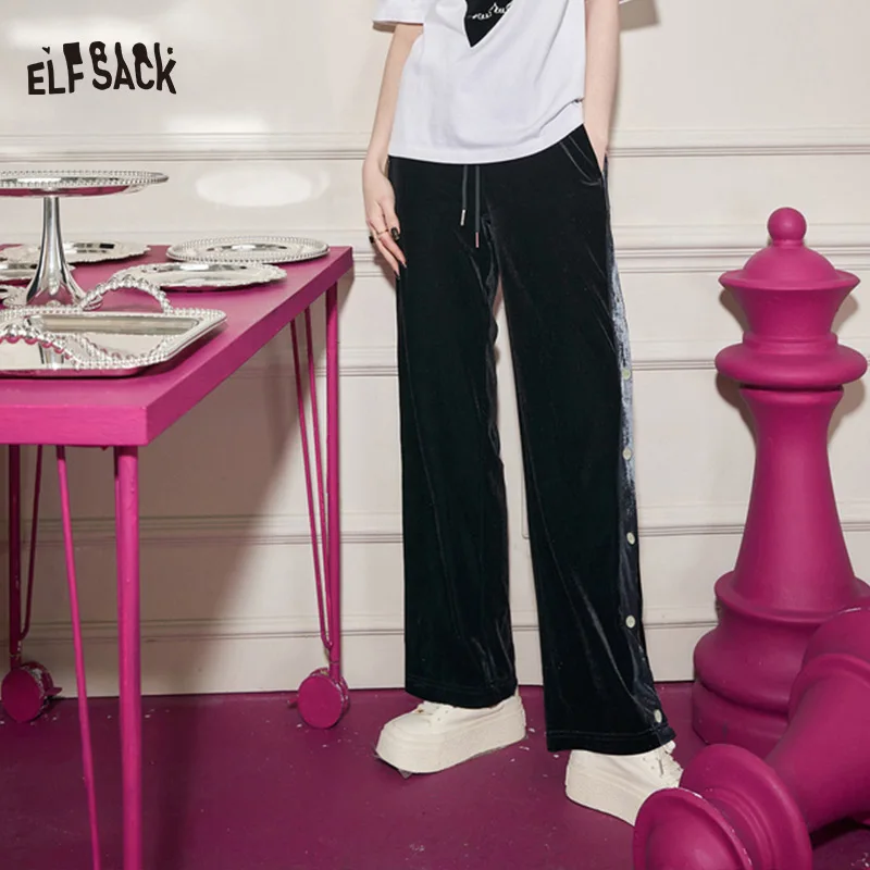 ELFSACK Black Velvet Straight Pants Women 2023 Spring High Waist Casual Daily Trousers
