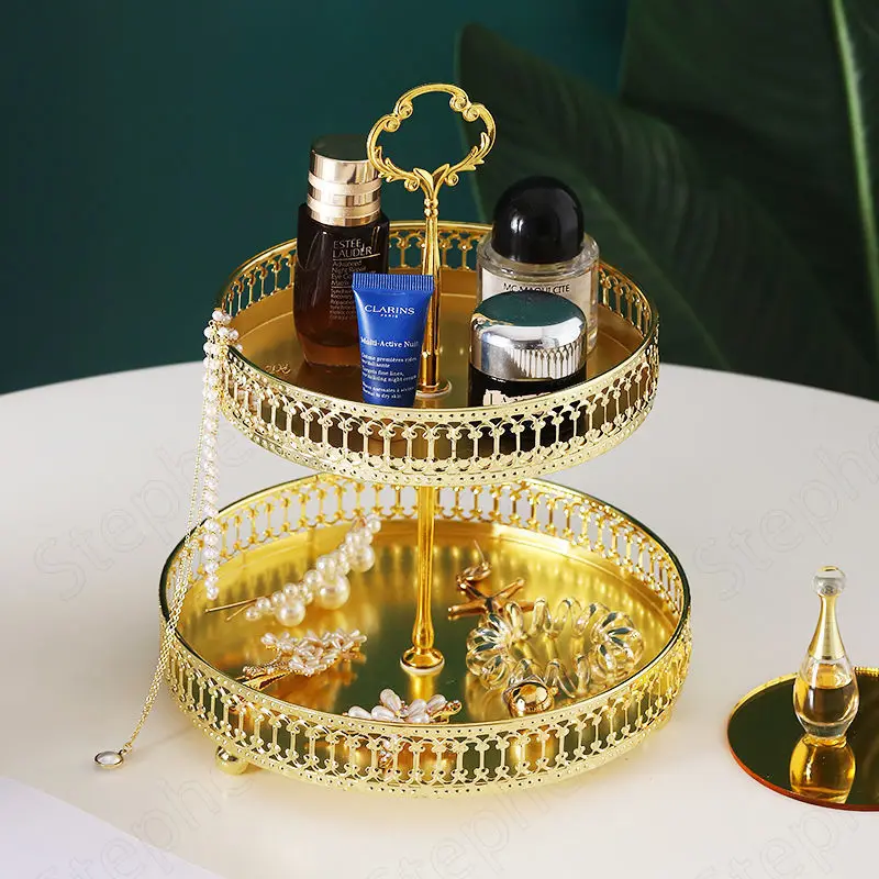 Golden Hollow Double Layer Cake Stand Nordic Light Luxury Fruit Snacks Tray Wedding Decoration Gilded Metal Trays Decorative | Дом и сад