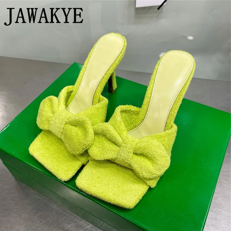

Women Bow Knot High Slippers Square Toe Designer Brand Candy Color Lovely Mules Summer Shoes For Women Ladies High Heels mujer