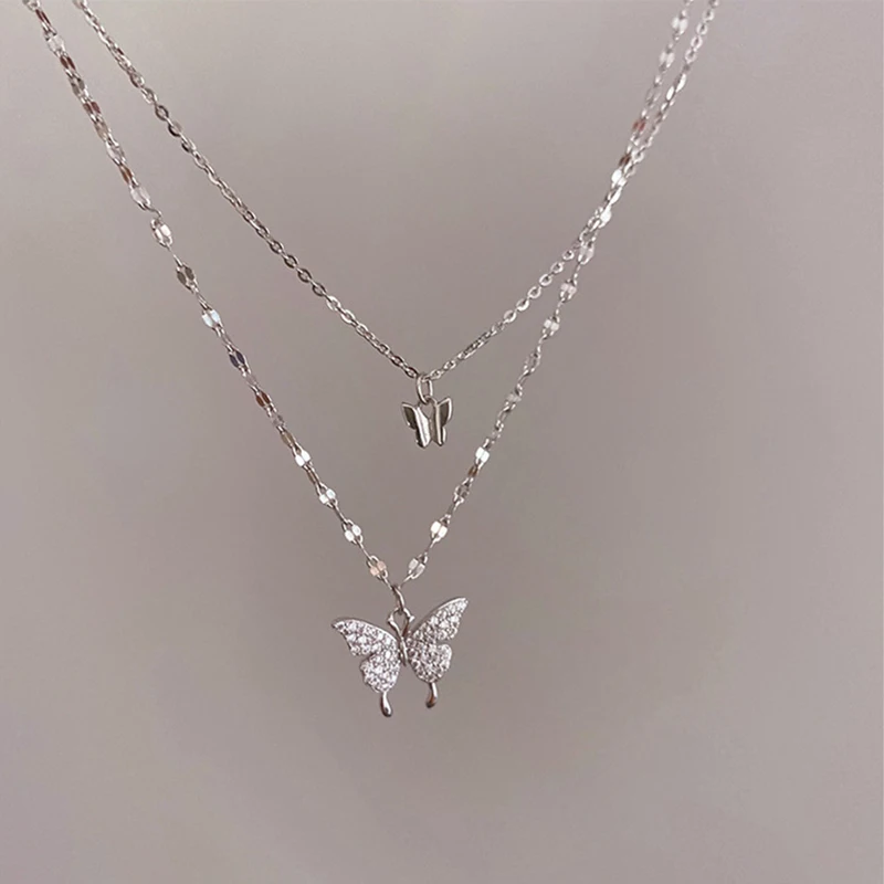 

Fashion New Shiny Butterfly Necklace Ladies Exquisite Double Layer Clavicle Chain Necklace For Women Jewelry Party Gift Hot Sale