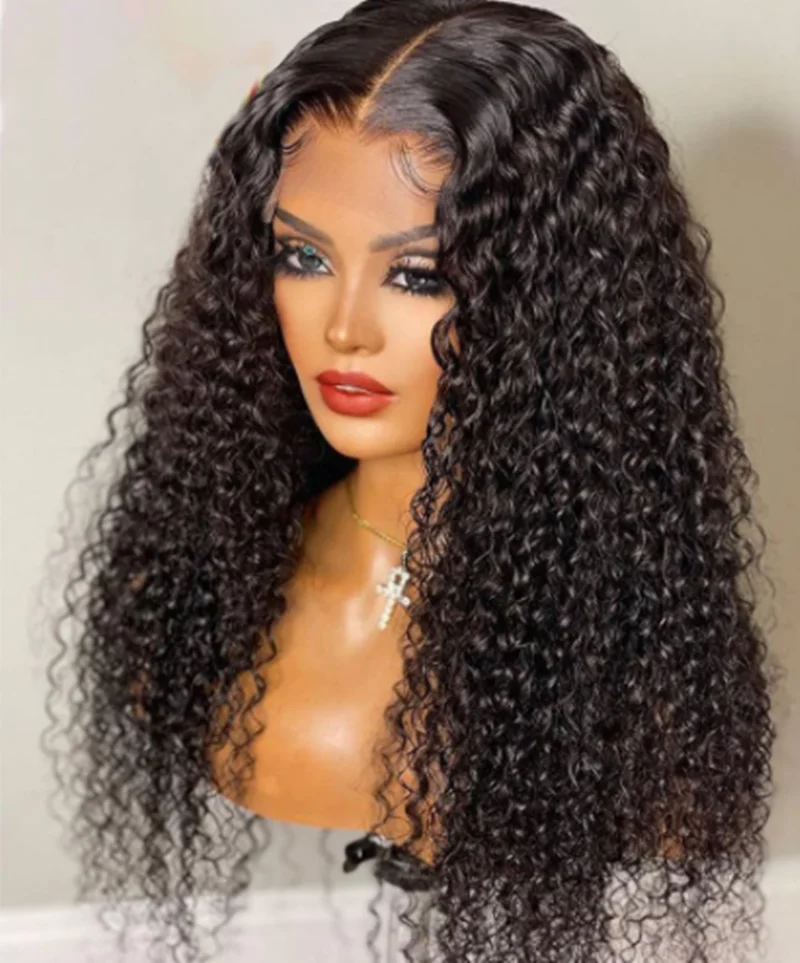 Black Color  26 Inch Long Middle Part Kinky Curly Preplucked 180Density  Lace Front Wig For Women With Babyhair Glueless Daily