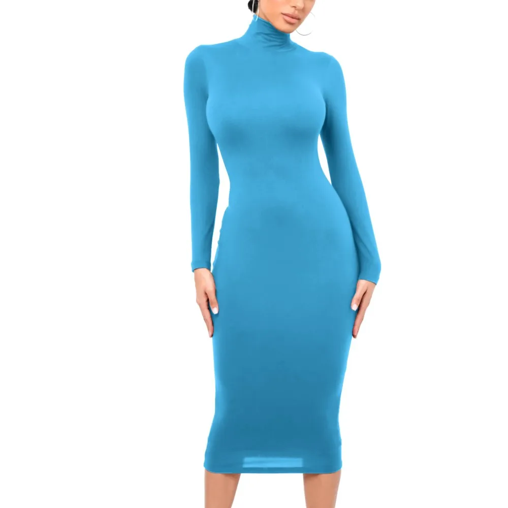 

Женское однотонное платье-карандаш с высоким воротником и длинным рукавом