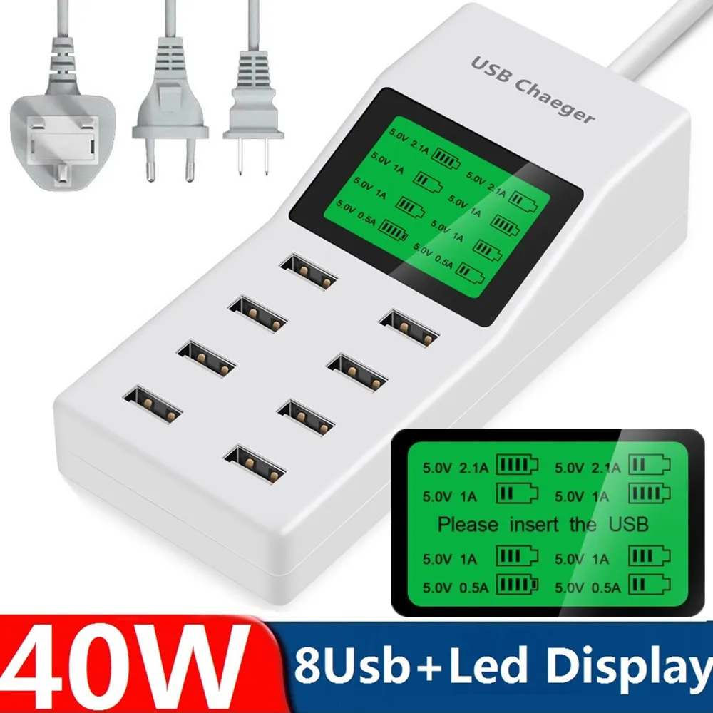 

40W 8A Multi USB Charger 8Ports Socket with LED Display Charging Station HUB for iPhone 12 13 14 Samsung Huawei Android phone