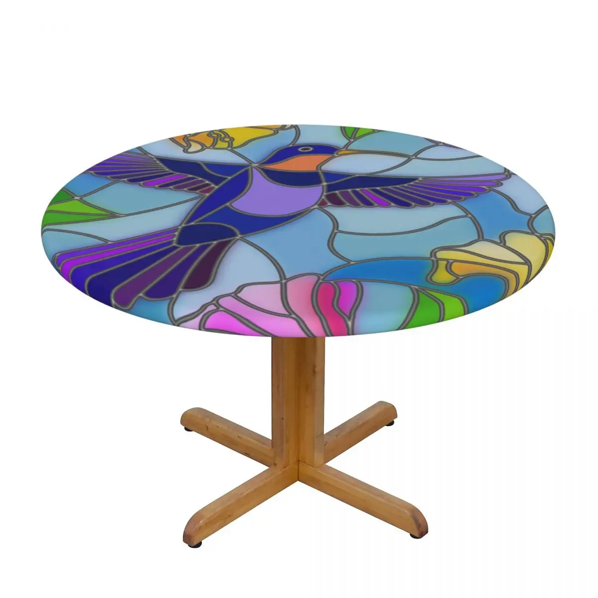 

Modern Round Table Cover Stretch Tablecloths Stained Glass Hummingbird And Flowers Home Decorative Table Cloth