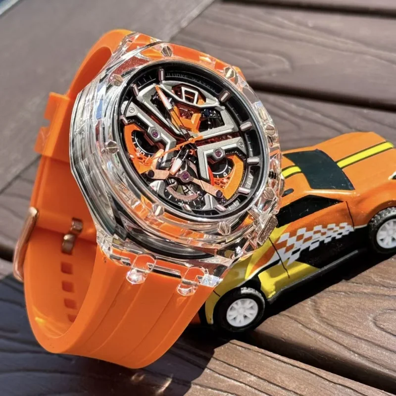 Часы LILUOKE Formen 9013G Awaken Lion Dial Design Trend Прозрачный корпус Кварцевые наручные часы