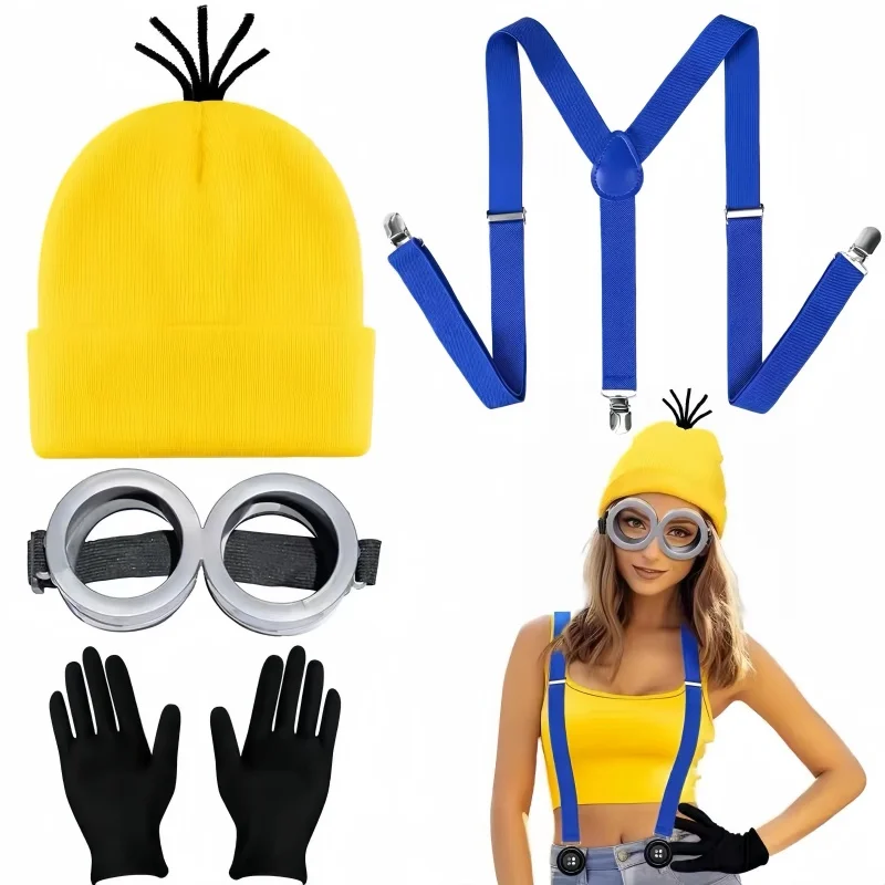 Новые продажи аниме Миньоны Косплей Костюм Шляпа Очки Наплечные ремни