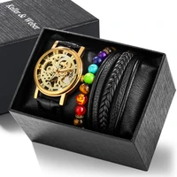 men mechanical wristwatches waterproof retro bracelet gift set for men business leather strap manual winding watch reloj hombre
