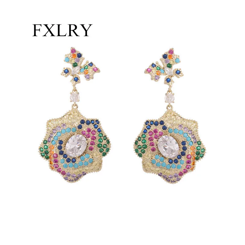 

FXLRY Luxury Fashion Butterfly Camellia Flowers Color Zircon Inlaid Exaggerated Heavy Industry Earrings For Women Wedding Jewelr