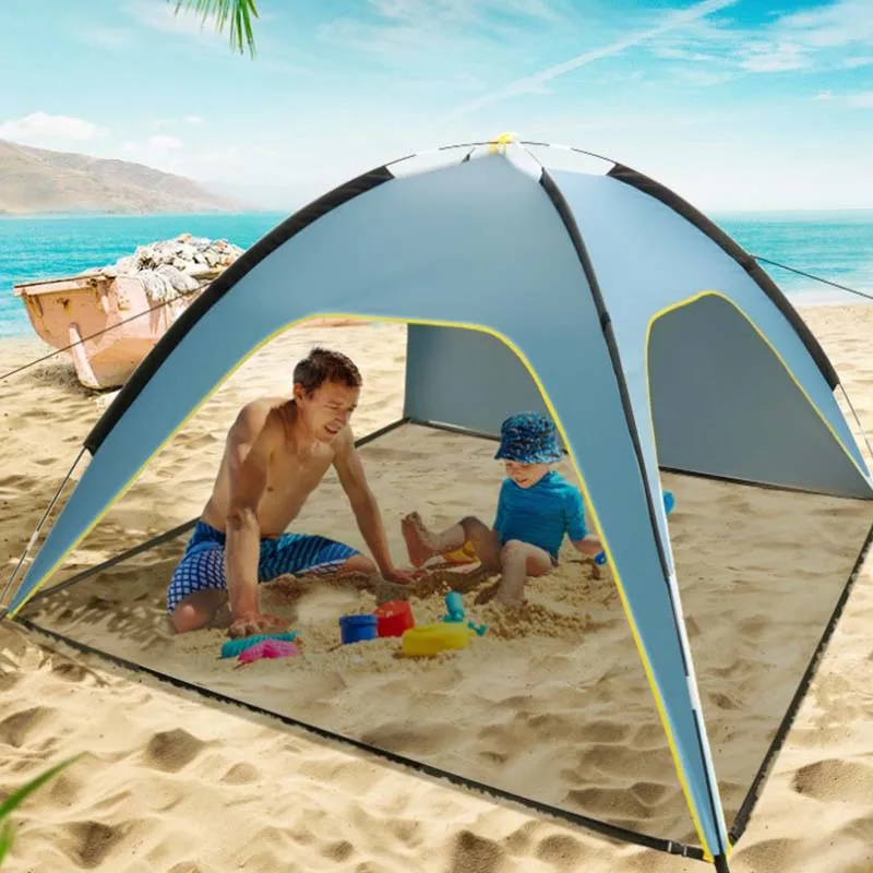 

2-3 Person Portable Ultralight Beach Tent Foldable Outdoor Camping Pergola with 3 open Doors Silver Coated Sunscreen In Summer