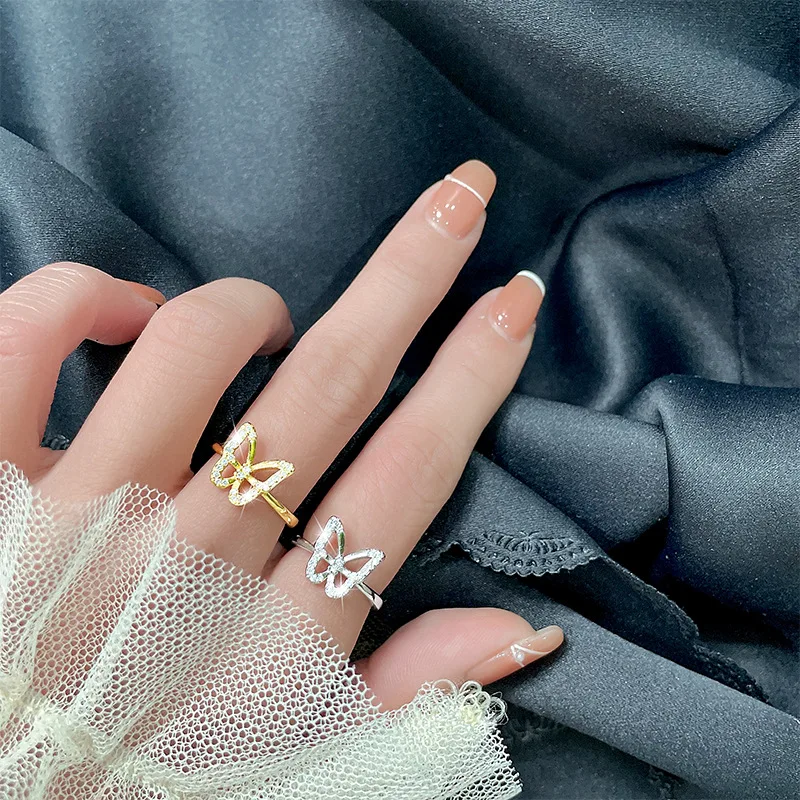 Модные кольца серебряного цвета с кристаллами и бабочкой Регулируемые Стразы