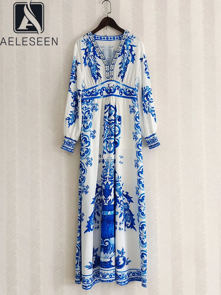 

AELESEEN Runway Fashion Women Dress Spring Summer Porcelian Blue Flower Print V-Neck Beading Crystal Long Elegant Party