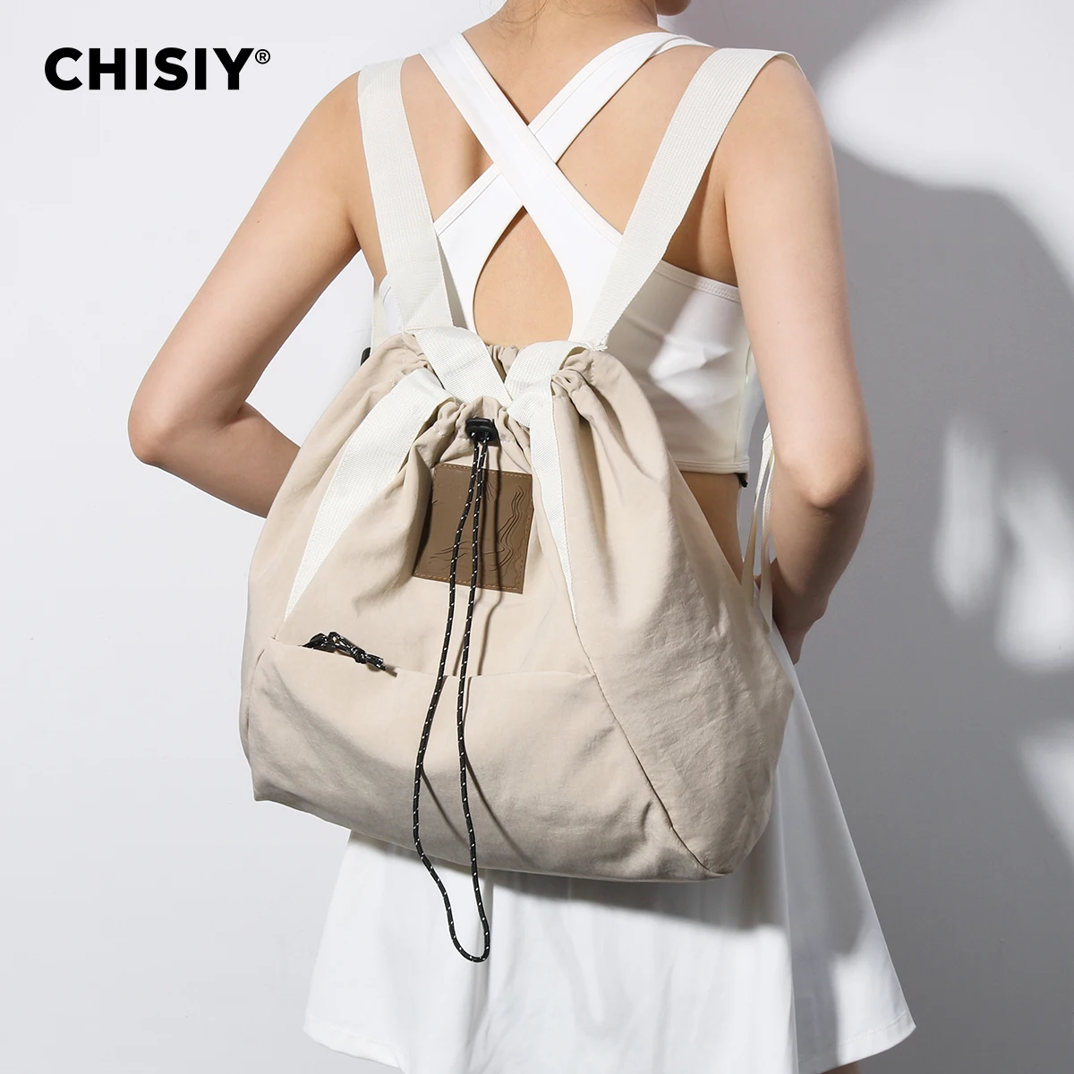 Оригинальный холщовый вместительный Бежевый женский рюкзак CHISIY ручной работы