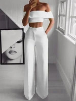 2022 summer womens suits chic solid color off shoulder short short sleeved tops loose mid waist trousers mopping trousers suits