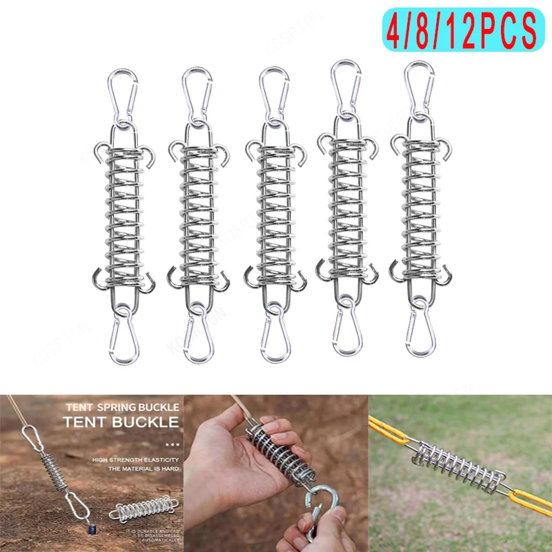 

4/8/12pcs Steel Tent Wind Rope Spring Buckle Tent Tensioner Camping Deck Pegs With Carabiner Clips Awning Tightener Fixed Hook