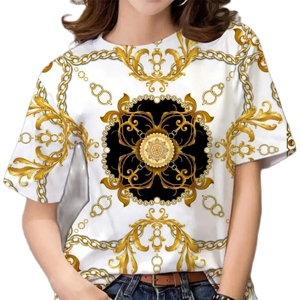 

Футболка женская оверсайз с коротким рукавом, топ в стиле барокко 3D, роскошная дизайнерская одежда, повседневная рубашка с круглым вырезом, на лето