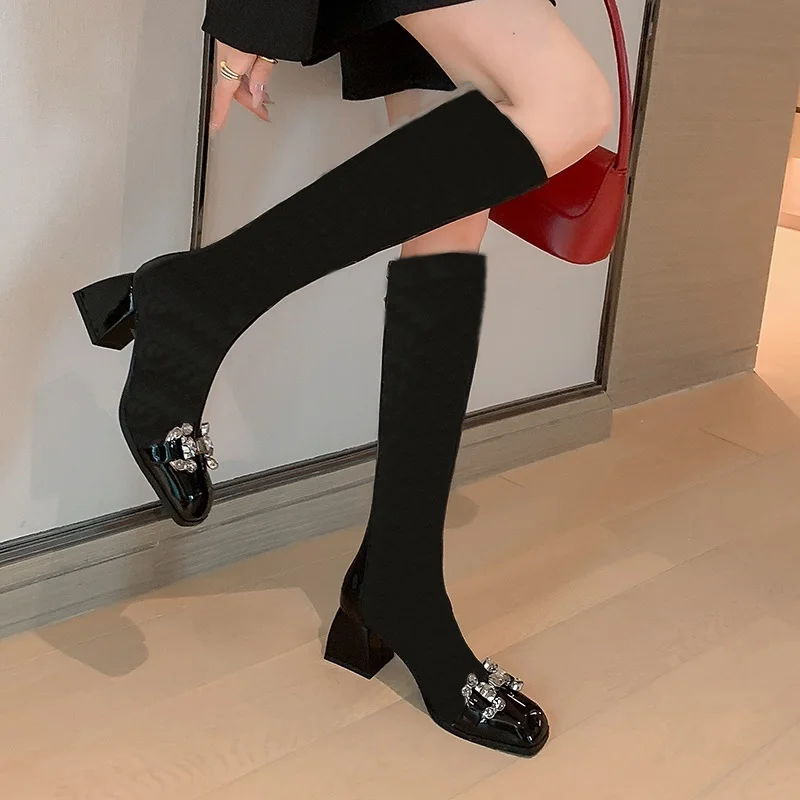 European pop print mesh+ leather knee high boots for women sexy lady square toe riding boots summer wedge autumn boots high heel