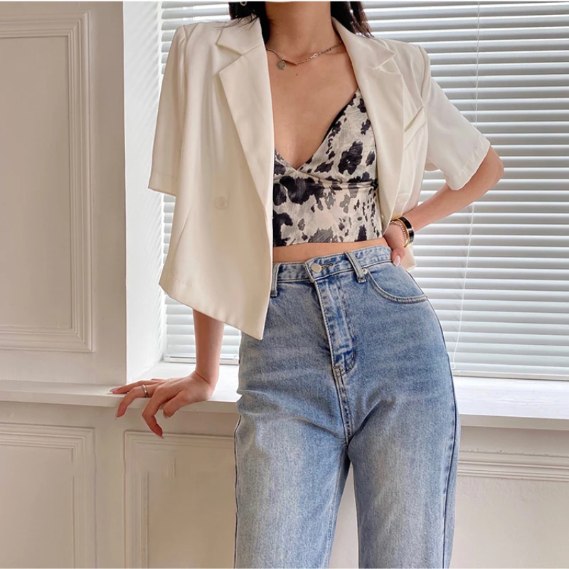 F GIRLS Blazers Women Casual Crop  Summer All-match Korean Style Temperament Short Sleeve Office Lady Streetwear Double Breasted