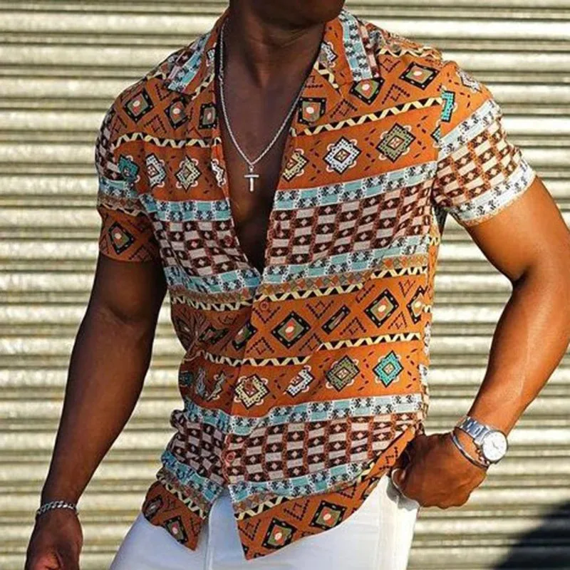 

Summer New Mens Ethnic Style Shirts Fashion Button Up Short Sleeve Shirt Trendyol Men Vintage Hawaii Shirt Blouses Ropa Hombre