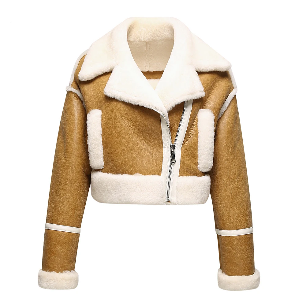 Women Fashion Leather Crop Jackets 2022 New Double Face Shearing Coats Real Sheepskin Wool Coat Winter Warm Short Overcoat 3658
