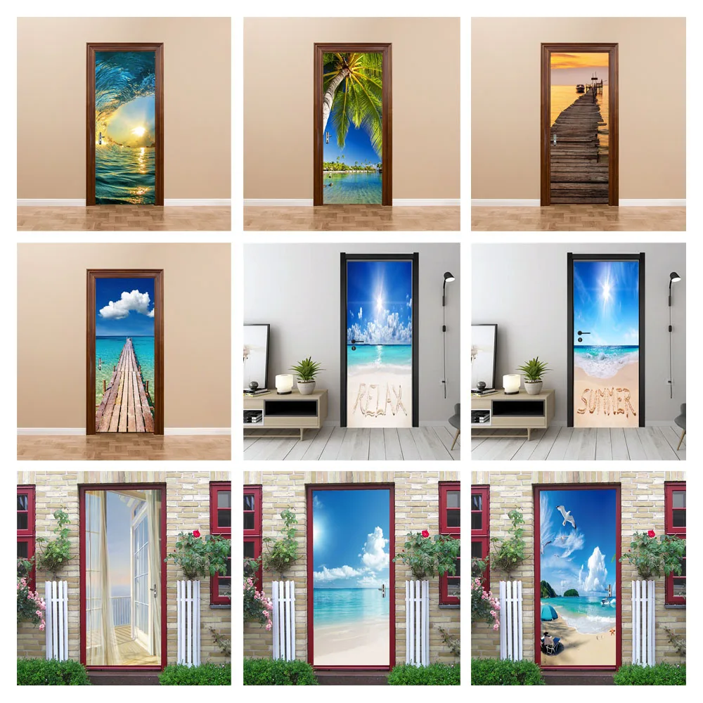 

Natural Scenery Door Sticker Vinyl Peel and Stick Wallpaper Beach Decals DIY Removable Poster Bedroom Home Decor adesivo porta