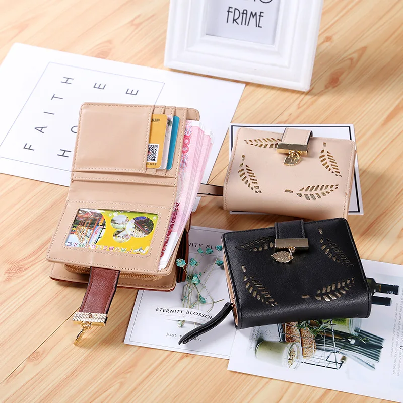 

Women'S Fashion Short Zipper Purse Lady Leather Strap Cutout Leaf New Luxury Brand Wallet Clutch Small Buckle Holder New