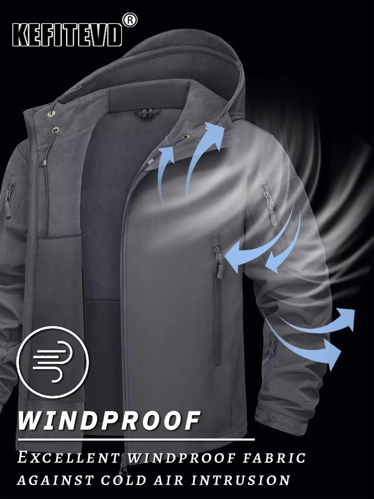 KEFITEVD Зимняя куртка Soft Shell для мужчин с флисовой подкладкой водонепроницаемая
