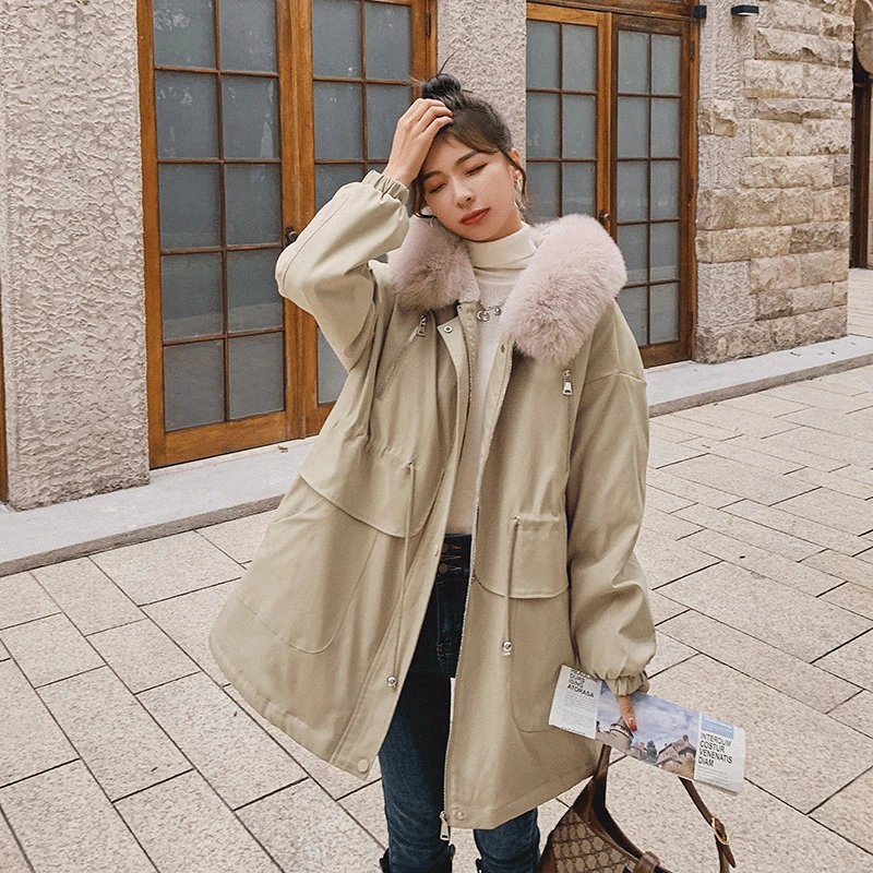 Winter new big fur collar waist cotton clothes mid-length knee thick parker cotton dress women