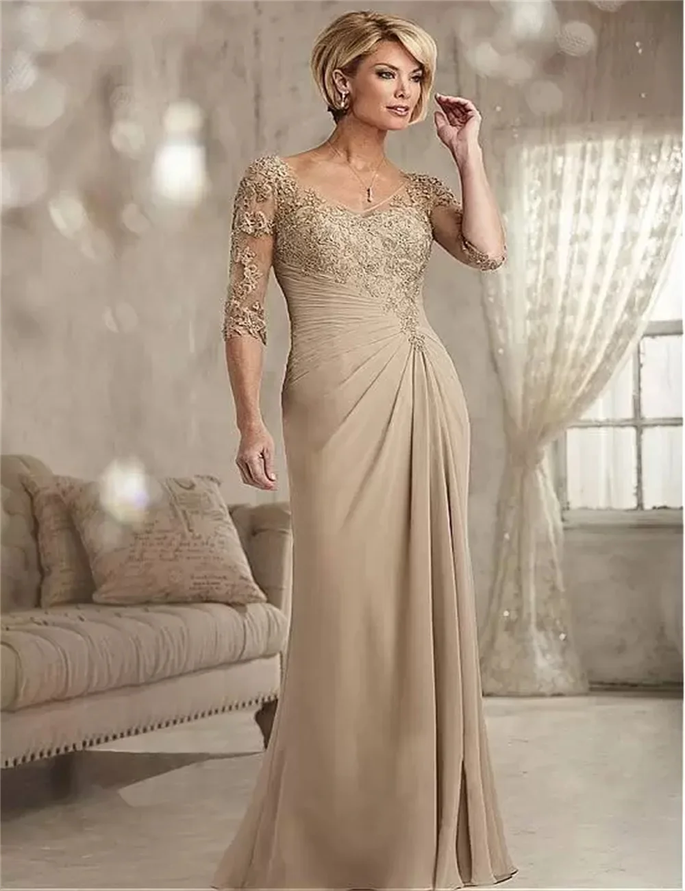 

Champagne Lace Appliques Mother of The Bride Dresses Elegant Wedding Party Dresses Half Sleeve Floor Length Chiffon Custom Made