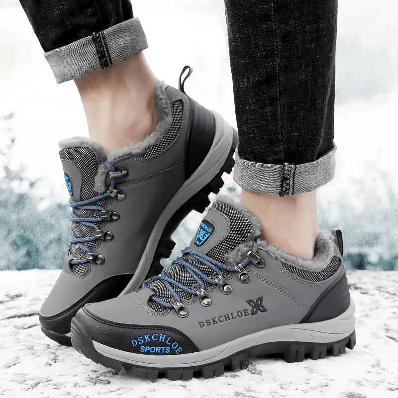 HIKEUP Hiking Shoes Outdoor Men Sneakers Leather Winter Low-Top Plus Wool Men's Shoes Wear-Resistant Climbing Trekking Sports